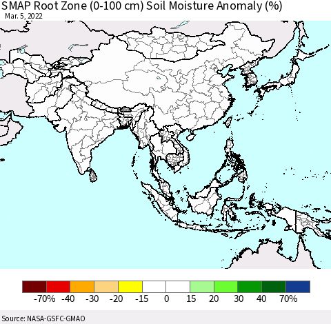 Asia SMAP Root Zone (0-100 cm) Soil Moisture Anomaly (%) Thematic Map For 3/1/2022 - 3/5/2022