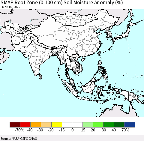 Asia SMAP Root Zone (0-100 cm) Soil Moisture Anomaly (%) Thematic Map For 3/6/2022 - 3/10/2022