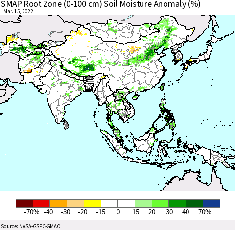 Asia SMAP Root Zone (0-100 cm) Soil Moisture Anomaly (%) Thematic Map For 3/11/2022 - 3/15/2022
