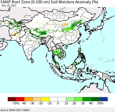 Asia SMAP Root Zone (0-100 cm) Soil Moisture Anomaly (%) Thematic Map For 3/16/2022 - 3/20/2022