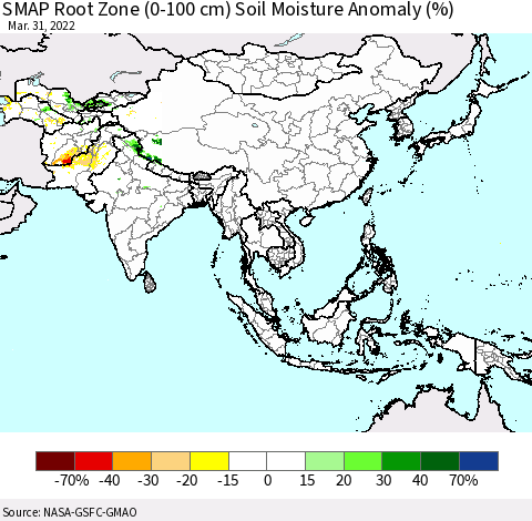 Asia SMAP Root Zone (0-100 cm) Soil Moisture Anomaly (%) Thematic Map For 3/26/2022 - 3/31/2022