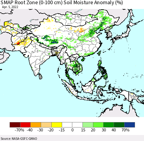 Asia SMAP Root Zone (0-100 cm) Soil Moisture Anomaly (%) Thematic Map For 4/1/2022 - 4/5/2022
