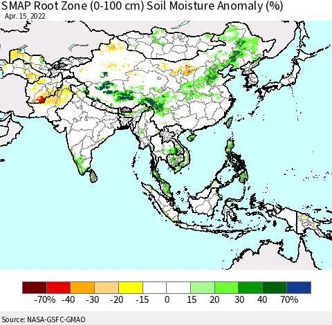 Asia SMAP Root Zone (0-100 cm) Soil Moisture Anomaly (%) Thematic Map For 4/11/2022 - 4/15/2022