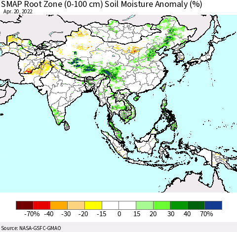 Asia SMAP Root Zone (0-100 cm) Soil Moisture Anomaly (%) Thematic Map For 4/16/2022 - 4/20/2022