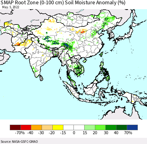 Asia SMAP Root Zone (0-100 cm) Soil Moisture Anomaly (%) Thematic Map For 5/1/2022 - 5/5/2022