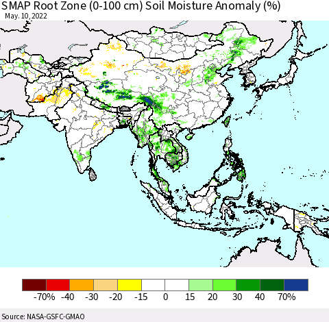 Asia SMAP Root Zone (0-100 cm) Soil Moisture Anomaly (%) Thematic Map For 5/6/2022 - 5/10/2022