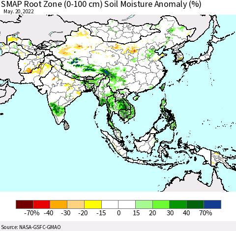 Asia SMAP Root Zone (0-100 cm) Soil Moisture Anomaly (%) Thematic Map For 5/16/2022 - 5/20/2022