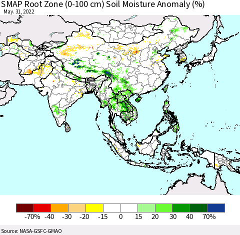 Asia SMAP Root Zone (0-100 cm) Soil Moisture Anomaly (%) Thematic Map For 5/26/2022 - 5/31/2022