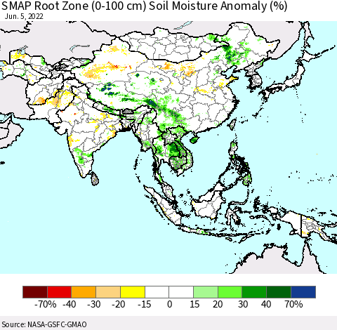 Asia SMAP Root Zone (0-100 cm) Soil Moisture Anomaly (%) Thematic Map For 6/1/2022 - 6/5/2022
