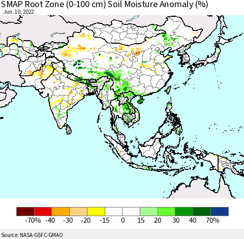 Asia SMAP Root Zone (0-100 cm) Soil Moisture Anomaly (%) Thematic Map For 6/6/2022 - 6/10/2022