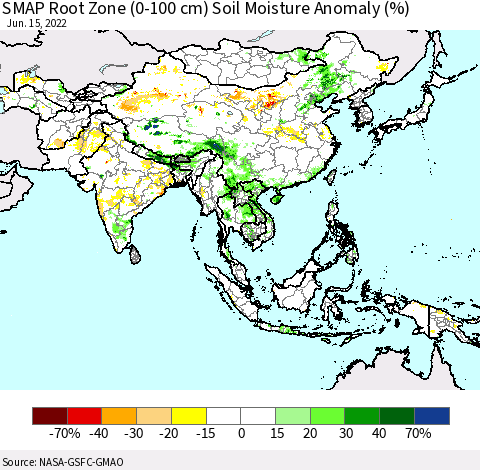 Asia SMAP Root Zone (0-100 cm) Soil Moisture Anomaly (%) Thematic Map For 6/11/2022 - 6/15/2022