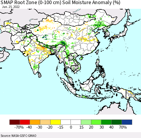 Asia SMAP Root Zone (0-100 cm) Soil Moisture Anomaly (%) Thematic Map For 6/21/2022 - 6/25/2022