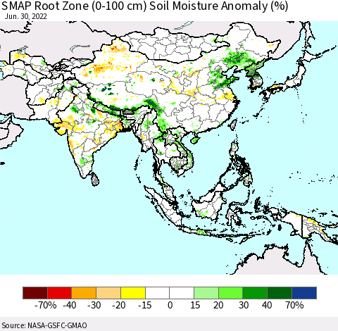 Asia SMAP Root Zone (0-100 cm) Soil Moisture Anomaly (%) Thematic Map For 6/26/2022 - 6/30/2022