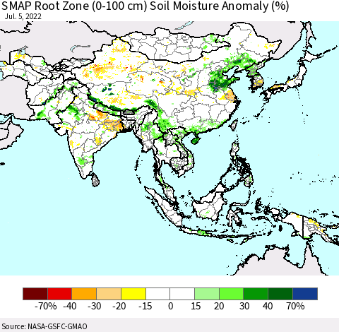 Asia SMAP Root Zone (0-100 cm) Soil Moisture Anomaly (%) Thematic Map For 7/1/2022 - 7/5/2022