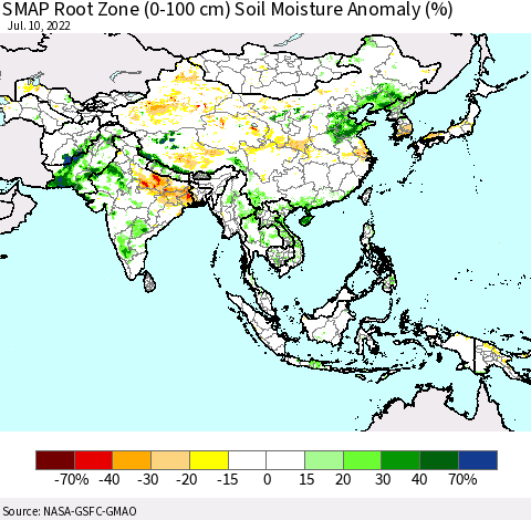 Asia SMAP Root Zone (0-100 cm) Soil Moisture Anomaly (%) Thematic Map For 7/6/2022 - 7/10/2022