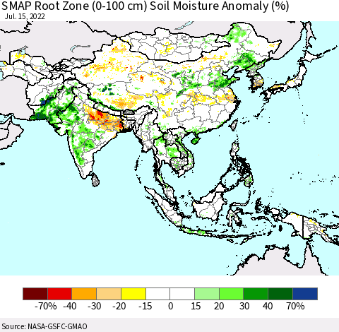 Asia SMAP Root Zone (0-100 cm) Soil Moisture Anomaly (%) Thematic Map For 7/11/2022 - 7/15/2022