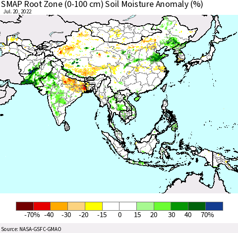 Asia SMAP Root Zone (0-100 cm) Soil Moisture Anomaly (%) Thematic Map For 7/16/2022 - 7/20/2022