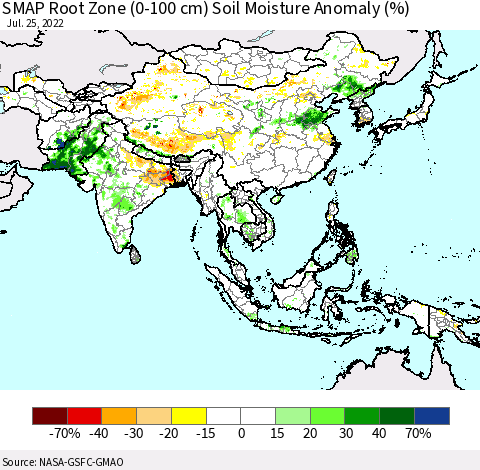 Asia SMAP Root Zone (0-100 cm) Soil Moisture Anomaly (%) Thematic Map For 7/21/2022 - 7/25/2022