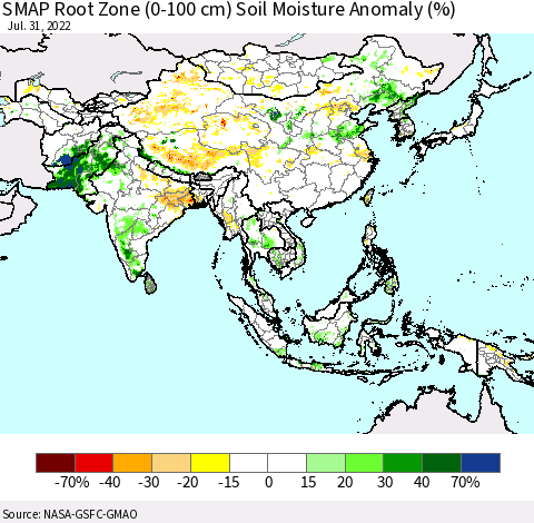 Asia SMAP Root Zone (0-100 cm) Soil Moisture Anomaly (%) Thematic Map For 7/26/2022 - 7/31/2022