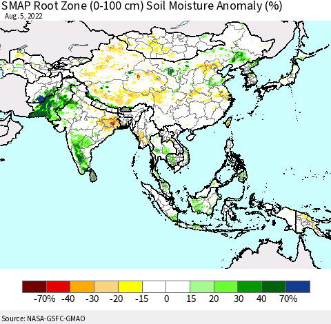 Asia SMAP Root Zone (0-100 cm) Soil Moisture Anomaly (%) Thematic Map For 8/1/2022 - 8/5/2022