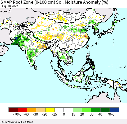 Asia SMAP Root Zone (0-100 cm) Soil Moisture Anomaly (%) Thematic Map For 8/6/2022 - 8/10/2022
