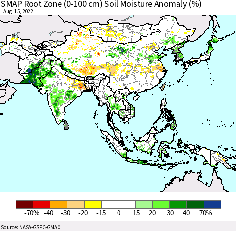 Asia SMAP Root Zone (0-100 cm) Soil Moisture Anomaly (%) Thematic Map For 8/11/2022 - 8/15/2022