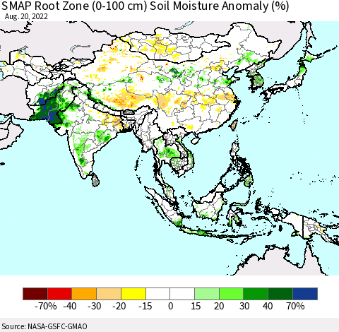 Asia SMAP Root Zone (0-100 cm) Soil Moisture Anomaly (%) Thematic Map For 8/16/2022 - 8/20/2022