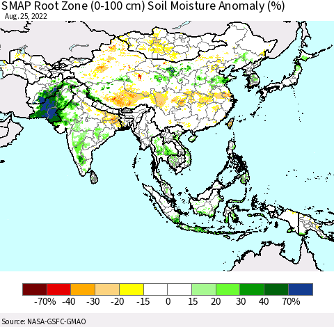 Asia SMAP Root Zone (0-100 cm) Soil Moisture Anomaly (%) Thematic Map For 8/21/2022 - 8/25/2022