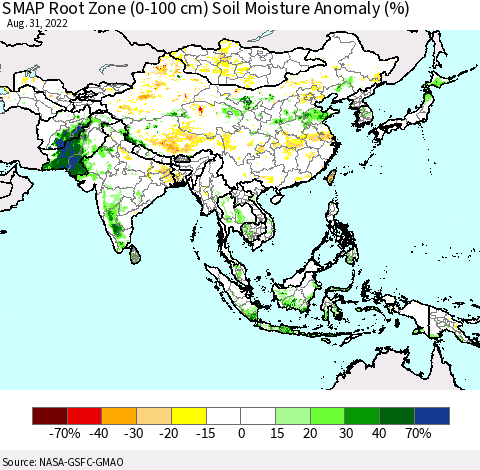 Asia SMAP Root Zone (0-100 cm) Soil Moisture Anomaly (%) Thematic Map For 8/26/2022 - 8/31/2022