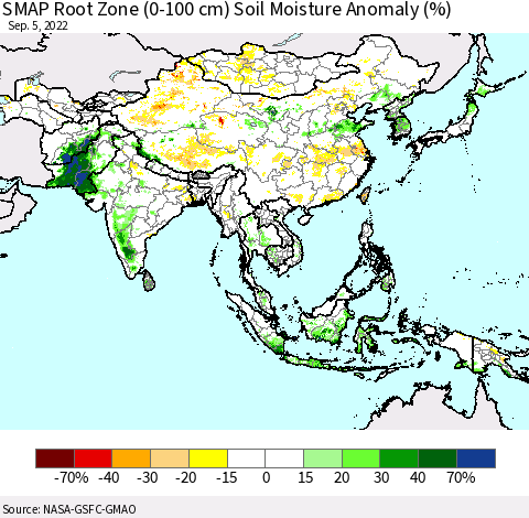 Asia SMAP Root Zone (0-100 cm) Soil Moisture Anomaly (%) Thematic Map For 9/1/2022 - 9/5/2022