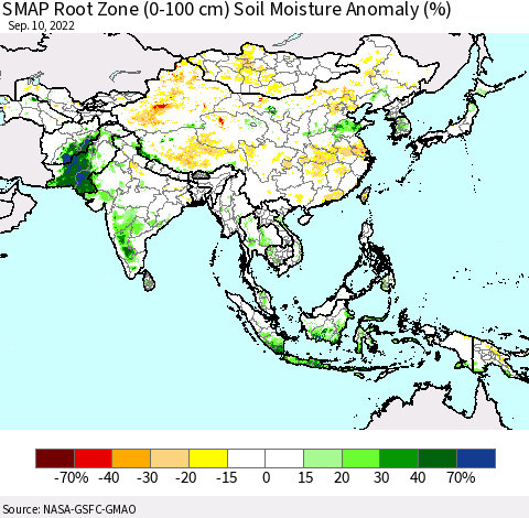 Asia SMAP Root Zone (0-100 cm) Soil Moisture Anomaly (%) Thematic Map For 9/6/2022 - 9/10/2022
