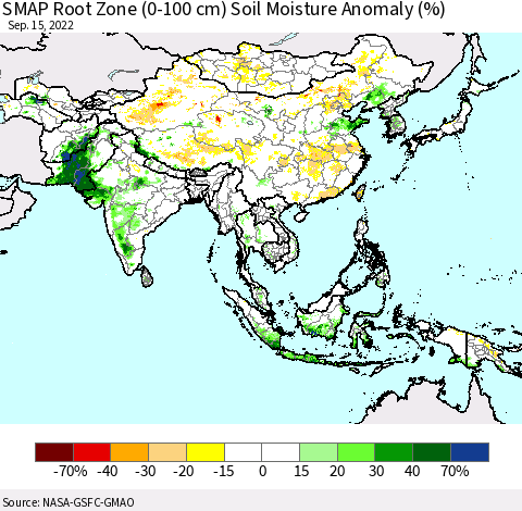 Asia SMAP Root Zone (0-100 cm) Soil Moisture Anomaly (%) Thematic Map For 9/11/2022 - 9/15/2022