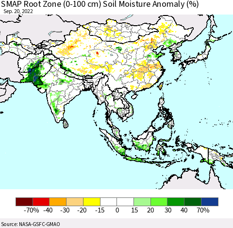 Asia SMAP Root Zone (0-100 cm) Soil Moisture Anomaly (%) Thematic Map For 9/16/2022 - 9/20/2022