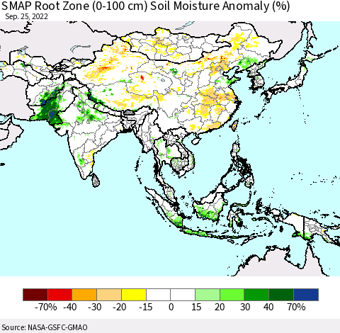 Asia SMAP Root Zone (0-100 cm) Soil Moisture Anomaly (%) Thematic Map For 9/21/2022 - 9/25/2022