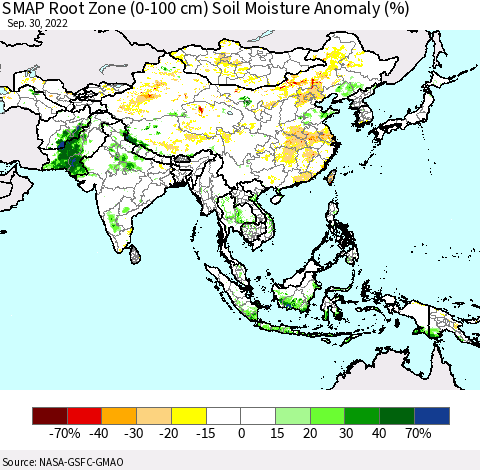 Asia SMAP Root Zone (0-100 cm) Soil Moisture Anomaly (%) Thematic Map For 9/26/2022 - 9/30/2022