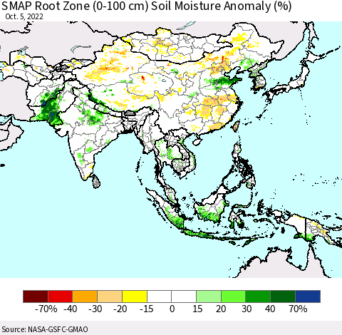 Asia SMAP Root Zone (0-100 cm) Soil Moisture Anomaly (%) Thematic Map For 10/1/2022 - 10/5/2022