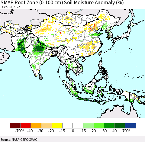 Asia SMAP Root Zone (0-100 cm) Soil Moisture Anomaly (%) Thematic Map For 10/6/2022 - 10/10/2022