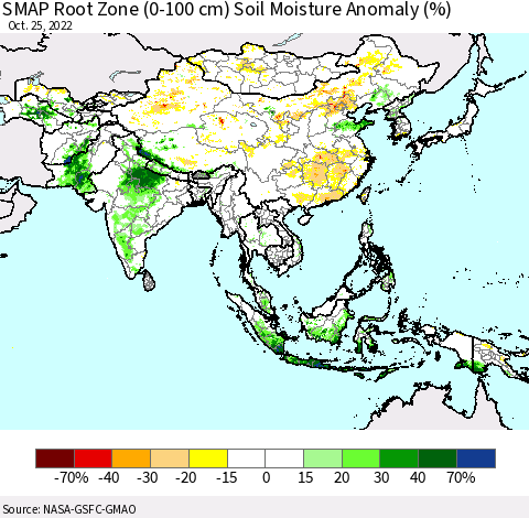 Asia SMAP Root Zone (0-100 cm) Soil Moisture Anomaly (%) Thematic Map For 10/21/2022 - 10/25/2022