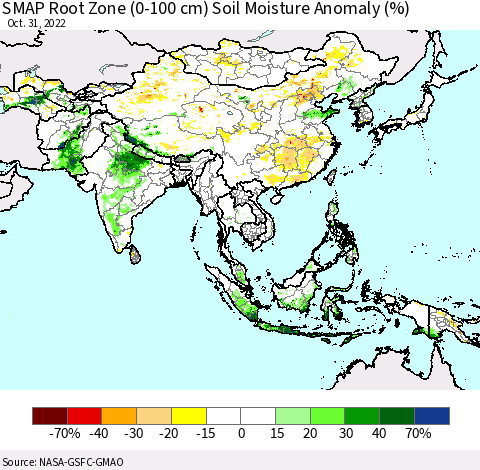 Asia SMAP Root Zone (0-100 cm) Soil Moisture Anomaly (%) Thematic Map For 10/26/2022 - 10/31/2022