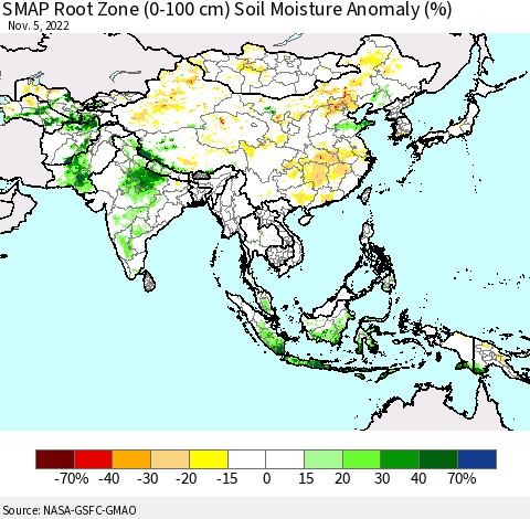 Asia SMAP Root Zone (0-100 cm) Soil Moisture Anomaly (%) Thematic Map For 11/1/2022 - 11/5/2022