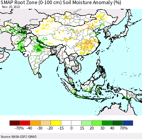 Asia SMAP Root Zone (0-100 cm) Soil Moisture Anomaly (%) Thematic Map For 11/16/2022 - 11/20/2022