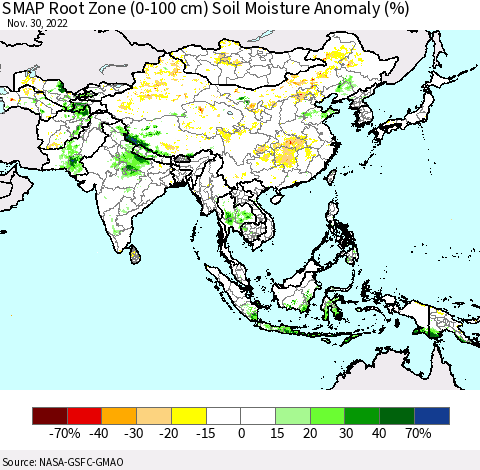 Asia SMAP Root Zone (0-100 cm) Soil Moisture Anomaly (%) Thematic Map For 11/26/2022 - 11/30/2022