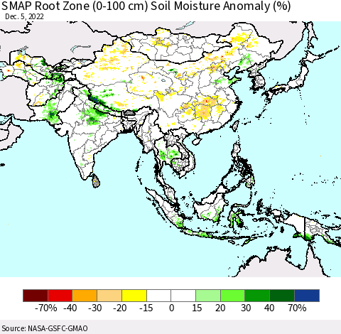 Asia SMAP Root Zone (0-100 cm) Soil Moisture Anomaly (%) Thematic Map For 12/1/2022 - 12/5/2022