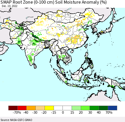 Asia SMAP Root Zone (0-100 cm) Soil Moisture Anomaly (%) Thematic Map For 12/6/2022 - 12/10/2022