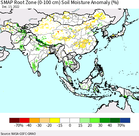 Asia SMAP Root Zone (0-100 cm) Soil Moisture Anomaly (%) Thematic Map For 12/11/2022 - 12/15/2022