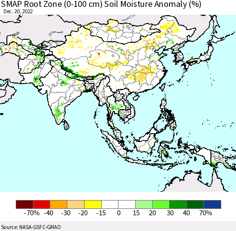 Asia SMAP Root Zone (0-100 cm) Soil Moisture Anomaly (%) Thematic Map For 12/16/2022 - 12/20/2022
