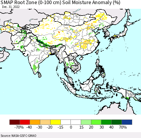 Asia SMAP Root Zone (0-100 cm) Soil Moisture Anomaly (%) Thematic Map For 12/26/2022 - 12/31/2022
