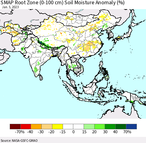 Asia SMAP Root Zone (0-100 cm) Soil Moisture Anomaly (%) Thematic Map For 1/1/2023 - 1/5/2023