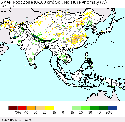 Asia SMAP Root Zone (0-100 cm) Soil Moisture Anomaly (%) Thematic Map For 1/6/2023 - 1/10/2023