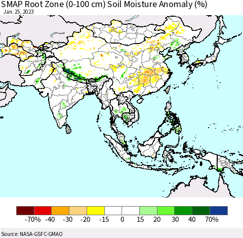 Asia SMAP Root Zone (0-100 cm) Soil Moisture Anomaly (%) Thematic Map For 1/21/2023 - 1/25/2023